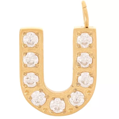 13mm St. steel 316L letter alphabet Charm with Zirconium oxides - U - GOLD x1