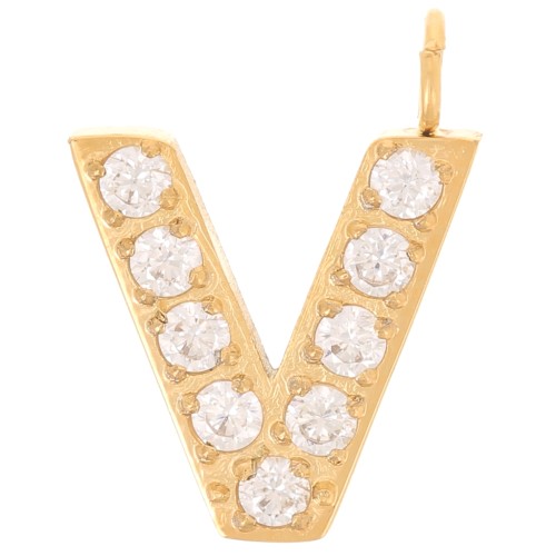 13mm St. steel 316L letter alphabet Charm with Zirconium oxides - V - GOLD x1