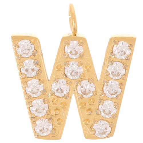 13mm St. steel 316L letter alphabet Charm with Zirconium oxides - W - GOLD x1