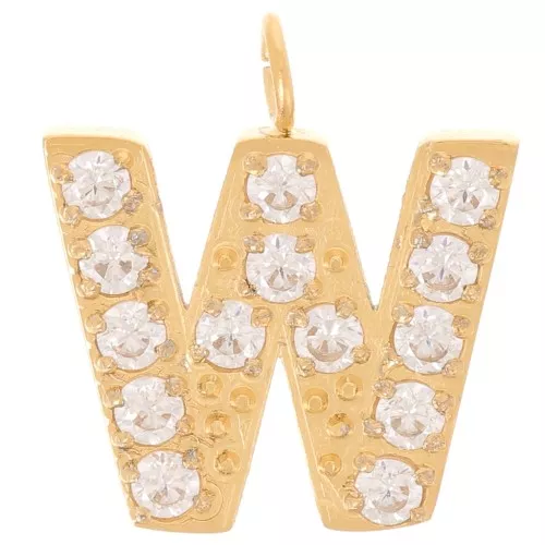13mm St. steel 316L letter alphabet Charm with Zirconium oxides - W - GOLD x1