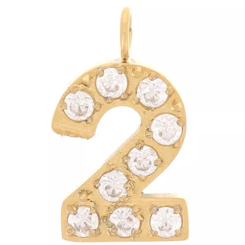 13mm Stainless steel 316L Charm number and Zirconium oxides - 2 - Gold Tone x1