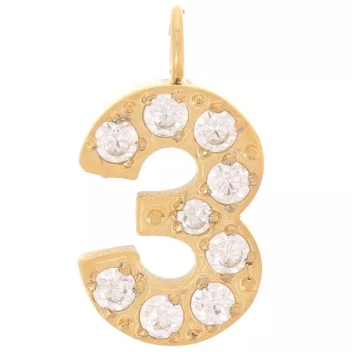 13mm Stainless steel 316L Charm number and Zirconium oxides - 3 - Gold Tone x1