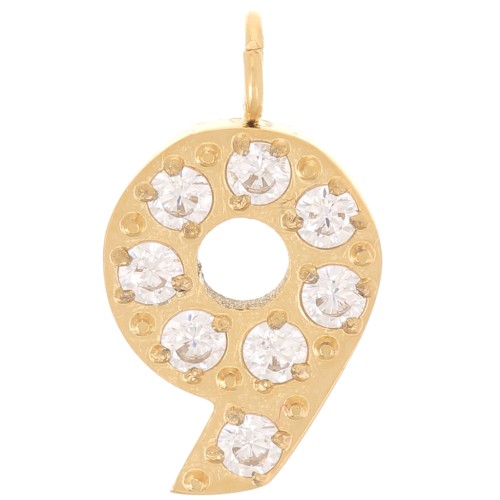 13mm Stainless steel 316L Charm number and Zirconium oxides - 9 - Gold Tone x1