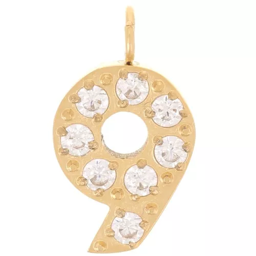 13mm Stainless steel 316L Charm number and Zirconium oxides - 9 - Gold Tone x1