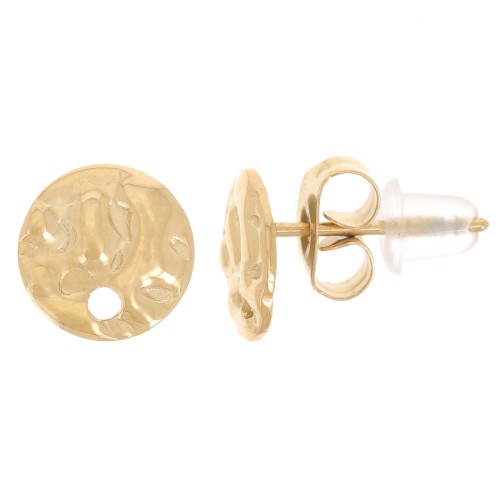 8mm Stainless steel 316L Round hammered earstuds with one hole - Gold x2