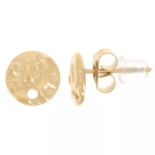 8mm Stainless steel 316L Round hammered earstuds with one hole - Gold x2