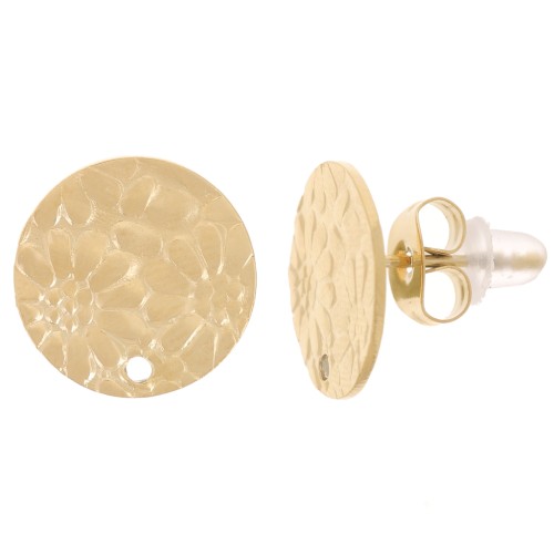 12mm 316L stainless steel Round earstuds - flower design - Gold x2