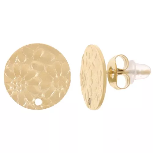 12mm 316L stainless steel Round earstuds - flower design - Gold x2