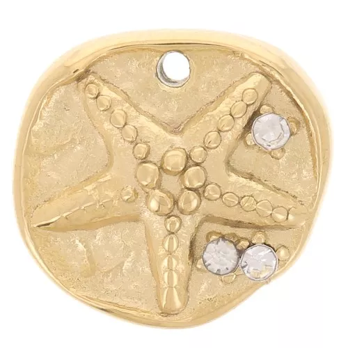 11mm Stainless steel 304L Irregular Round Charm - Starfish and CZ - Gold x1