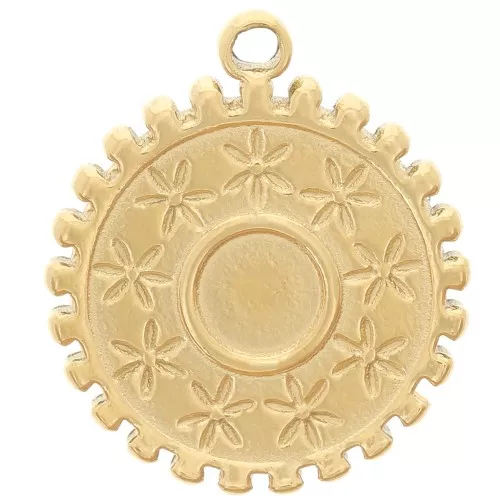 15 mm round charm - flower pattern - for 4 mm cabochon - 304 gold-plated stainless steel x1