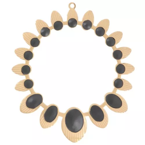 34mm round ethnic hollow pendant with epoxy resin - 304 Gold stainless steel - Black