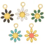 7mm Daisy flower charms with epoxy resin - Gold - Multicoloured x5