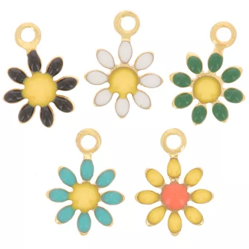 7mm Daisy flower charms with epoxy resin - Gold - Multicoloured x5