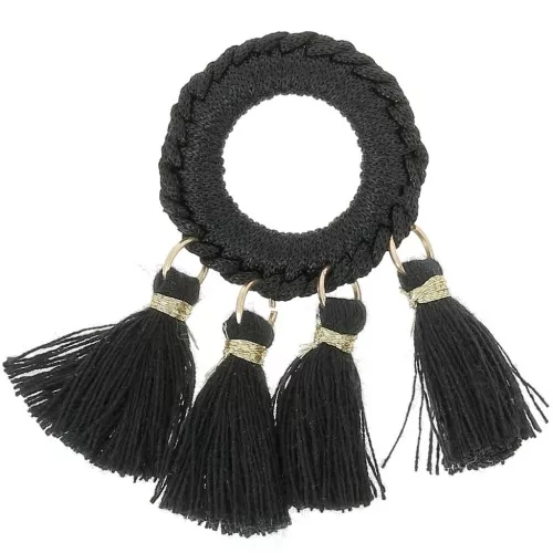 47x25mm Polycotton Tassel Pendant - Black - Gold Tone x1