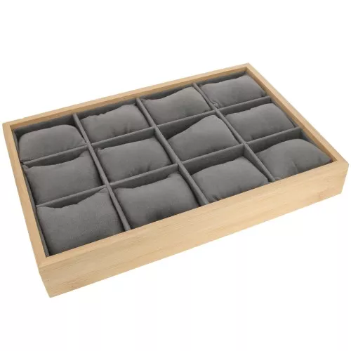 35x24cm Bracelet & watch display - 12 cushions - Bamboo - Suede Grey x1