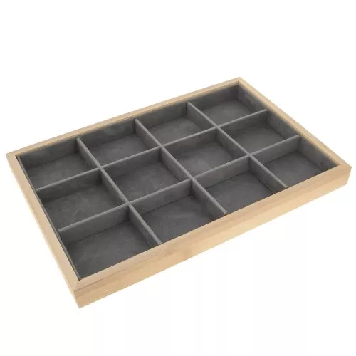 35x24cm Jewelry display with 12 compartments - Bamboo - Suede Grey x1