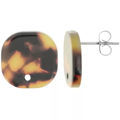 15mm Rounded square acrylic earstuds - Tortoiseshell Brown - Black x2