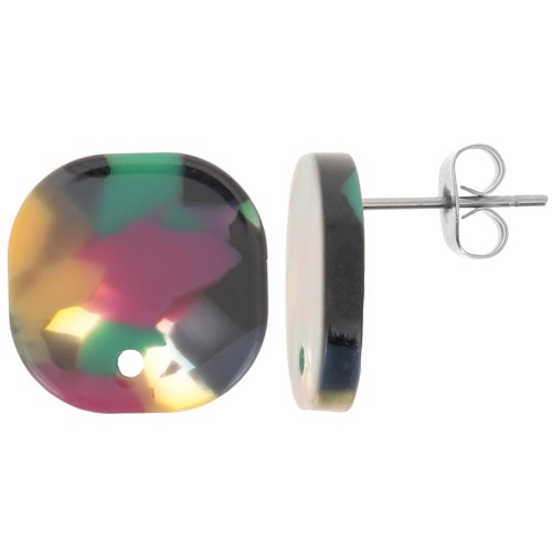 15mm Rounded square acrylic earstuds - Tortoiseshell Green - Fuchsia x2