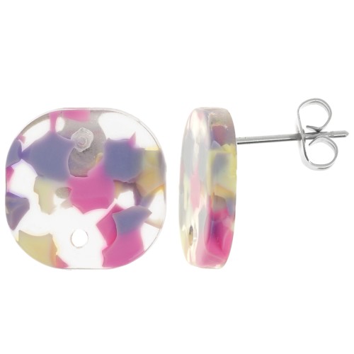 15mm Rounded square acrylic earstuds - Terrazzo Vanilla - Pastel Pink x2