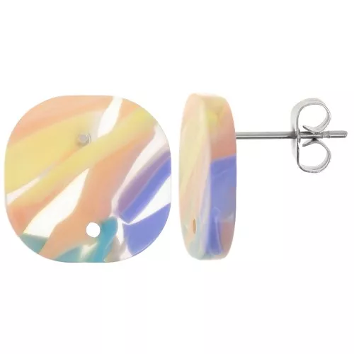 15mm Rounded square acrylic earstuds - Marbled Purple - Salmon x2