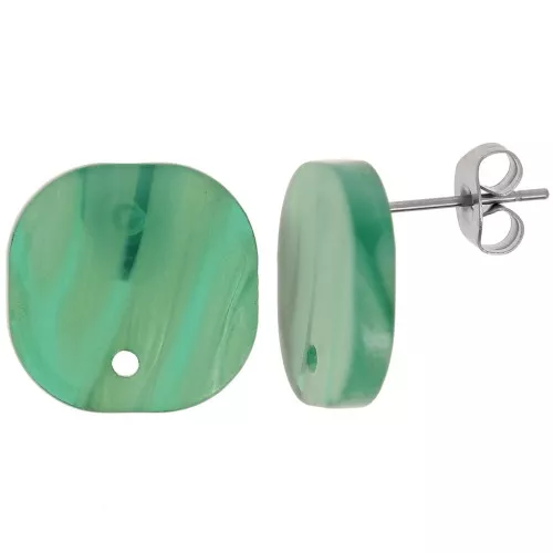 15mm Rounded square acrylic earstuds - Marbled Multi-green pearl x2