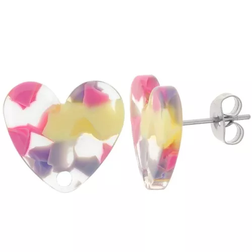 14x15.5mm Acrylic heart studs - Terrazzo Vanilla - Pastel Pink x2