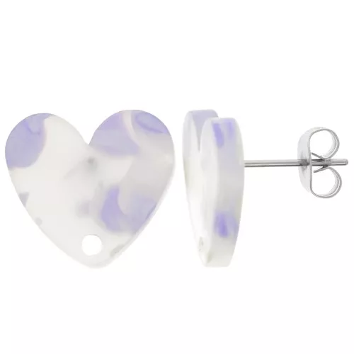 14x15.5mm Acrylic heart studs - Terrazzo Violet - Blanc nacré x2