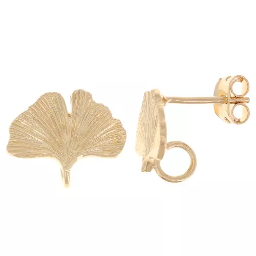 11x15mm Ginkgo leaf earstuds open ring - 3 microns Gold-plated x2