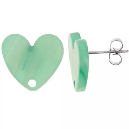 14x15.5mm Acrylic heart studs - Marbled Multi-green pearl x2