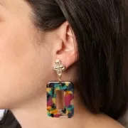 40x30mm Acetate hollow rectangle pendant - Tortoiseshell Green - Fuchsia x1