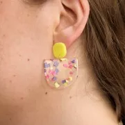 29x33mm Acetate half moon pendant - Terrazzo Vanilla - Pastel Pink x1