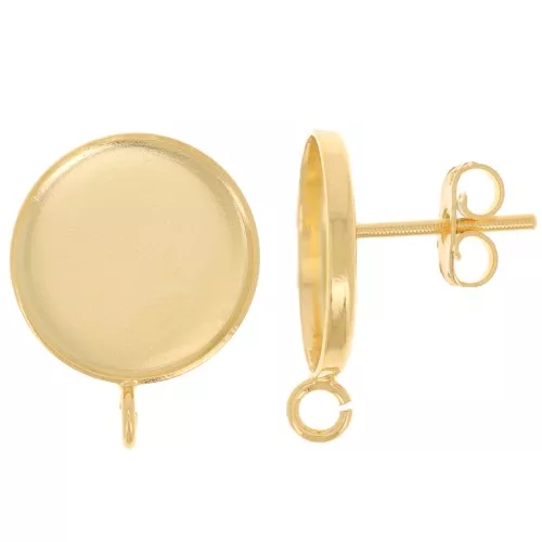 Earstuds for 14mm flat back cabochon - open ring - Fine gold plated x2