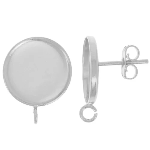 Earstuds for 14mm flat back cabochon - open ring - Fine silver veneer x2