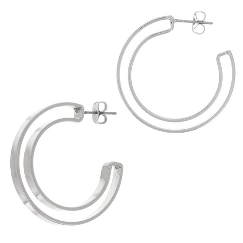 33mm Hollow design hoop earrings - Rhodium Tone x2