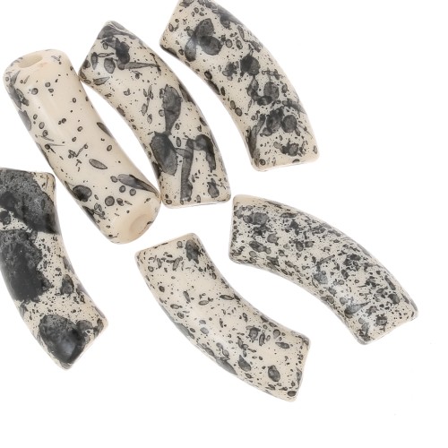 35x11 mm curved tube beads in opaque acrylic - Beige Mottled Black x6