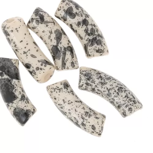 35x11 mm curved tube beads in opaque acrylic - Beige Mottled Black x6
