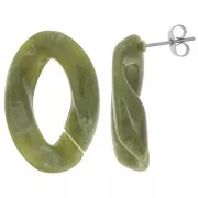 29.5x20mm Oval Twisted Stud Earrings - Marbled Olive - White x2