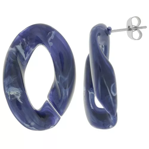 29.5x20mm Oval Twisted Stud Earrings - Night Blue Marbled - White x2