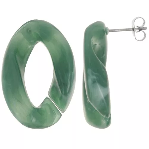 29.5x20mm Oval Twisted Stud Earrings - Marbled Dark Green - White x2