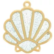 Shell pendant 25x23mm epoxy vitrail - Fine gold plated - Blue glitter silver plated