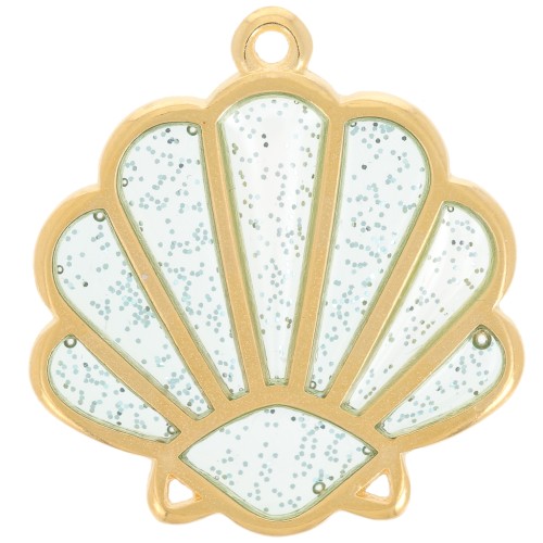 Shell pendant 25x23mm epoxy vitrail - Fine gold plated - Blue glitter silver plated