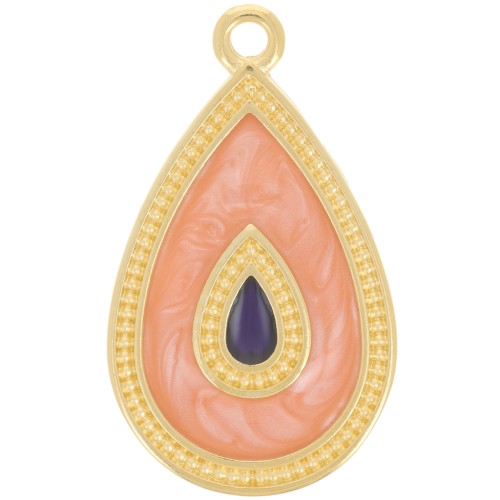 27x16mm Pendant drop with epoxy resin - Fine gold plated - Salmon pearl x1