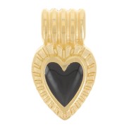 15x7mm ribbed heart pendant with epoxy resin - Fine Gold plated - Black x1