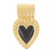15x7mm ribbed heart pendant with epoxy resin - Fine Gold plated - Black x1