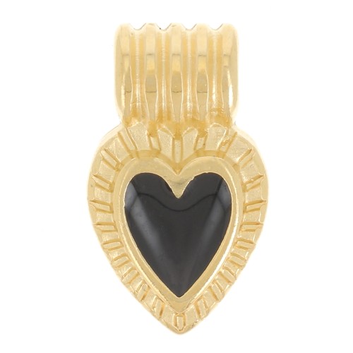15x7mm ribbed heart pendant with epoxy resin - Fine Gold plated - Black x1
