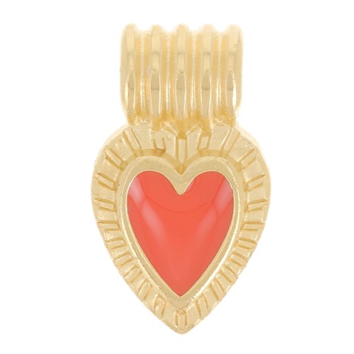 15x7mm mini ribbed heart pendant with epoxy resin - Fine Gold plated - Orange x1