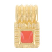 10x6mm Mini square ribbed pendant with epoxy resin - Fine gold plated - Orange x1