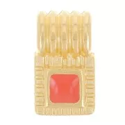 10x6mm Mini square ribbed pendant with epoxy resin - Fine gold plated - Orange x1