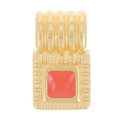 10x6mm Mini square ribbed pendant with epoxy resin - Fine gold plated - Orange x1