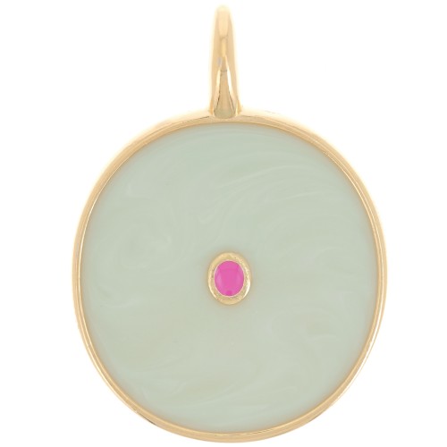 20mm round pendant with epoxy resin - Gold-plated - Mint pearl x1
